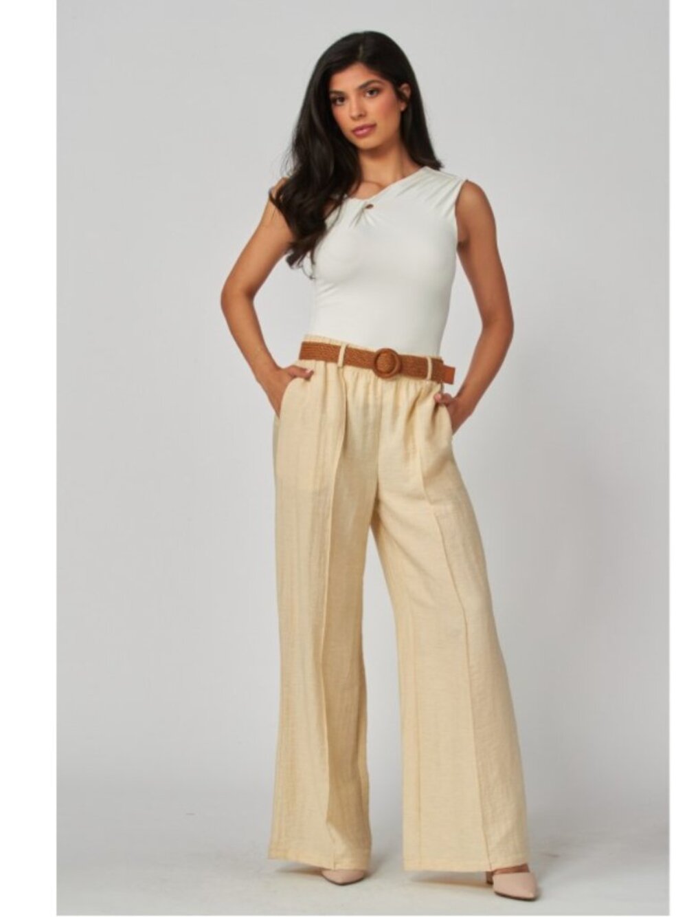 Butter Linen Pleated Pants with Woven Rattan Stretch Belt